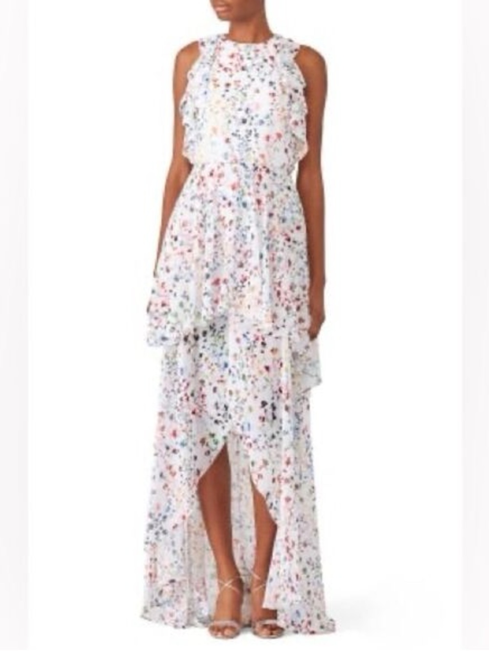 Monique Lhuillier White Multicolor Floral Ruffle High-Low Dress